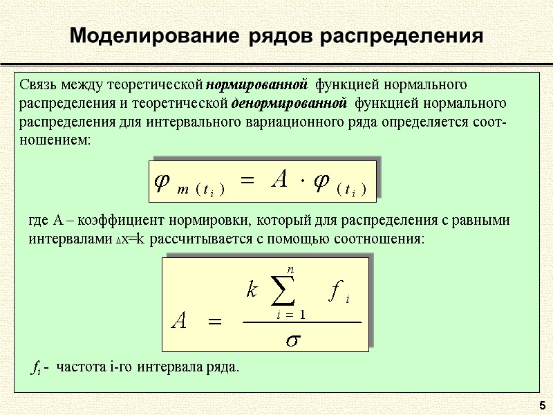 5 Моделирование рядов распределения Связь между теоретической нормированной функцией нормального распределения и теоретической денормированной